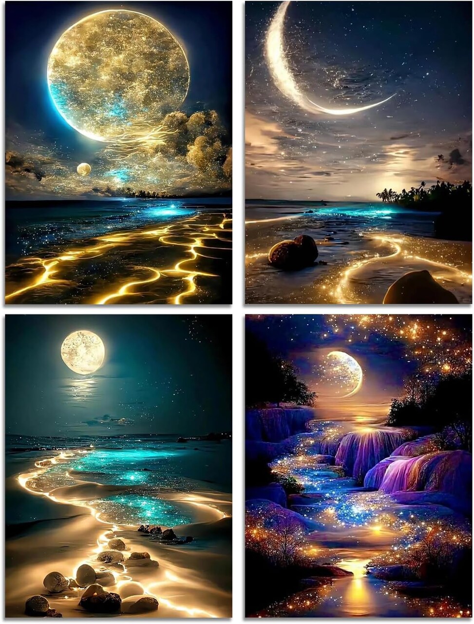 Moon Diamond Painting Kits for Adults, 5D Diamond Art Kits for Beginners, DIY Diamond Arts and Crafts for Living Room, Diamond dots Kits Kids Room 4 PCS Wall Art